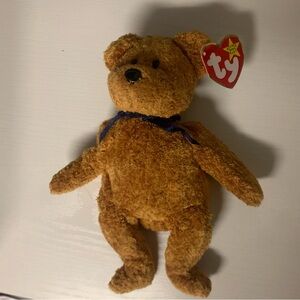 Ty Fuzz Tan Plush Bear with Blue Ribbon